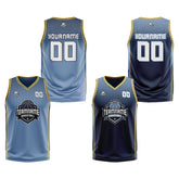 Custom Dusty Blue Navy Yellow Reversible Basketball Suit for Adults and Kids Personalized Jersey