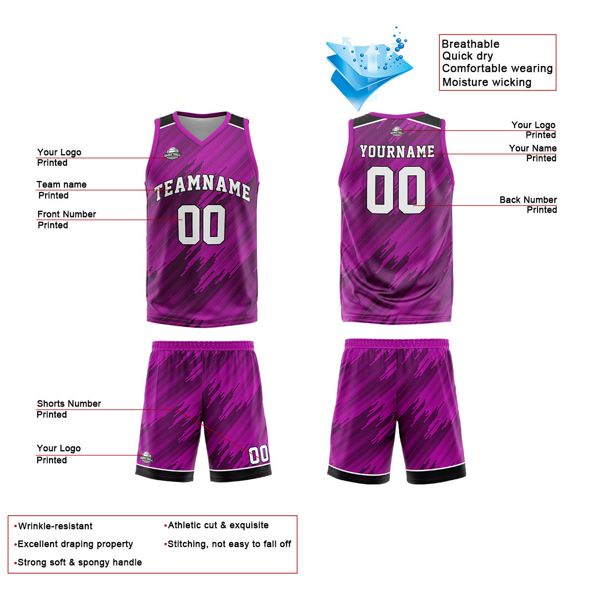 Custom Strip-Type Rose Basketball Jersey Uniform Suit Printed Your Logo Name Number