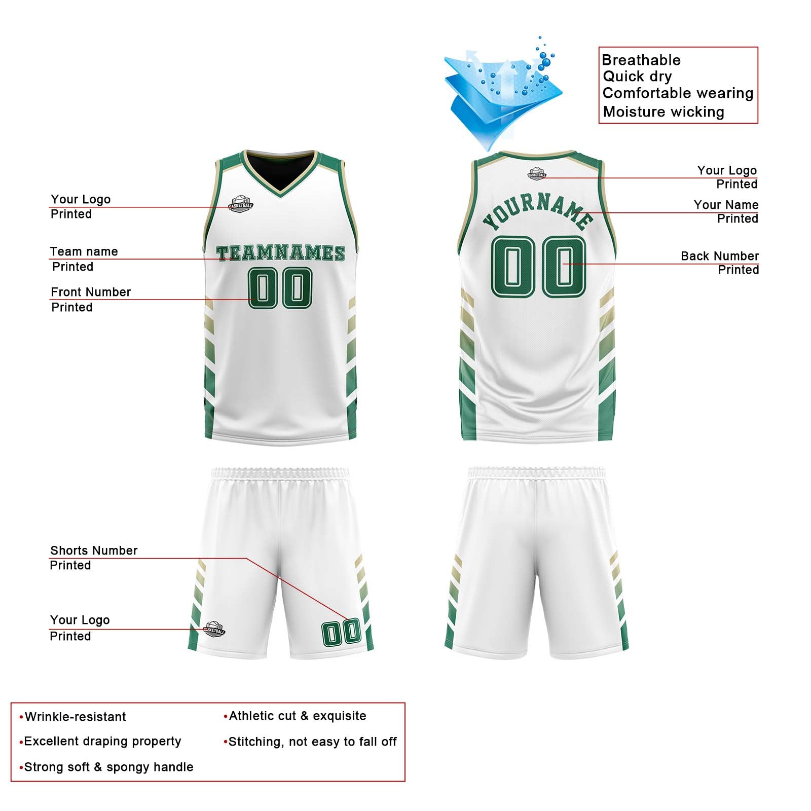 Custom White Hunter Green Beige Reversible Basketball Suit for Adults and Kids Personalized Jersey