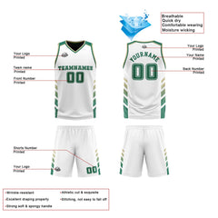 Custom White Hunter Green Beige Reversible Basketball Suit for Adults and Kids Personalized Jersey