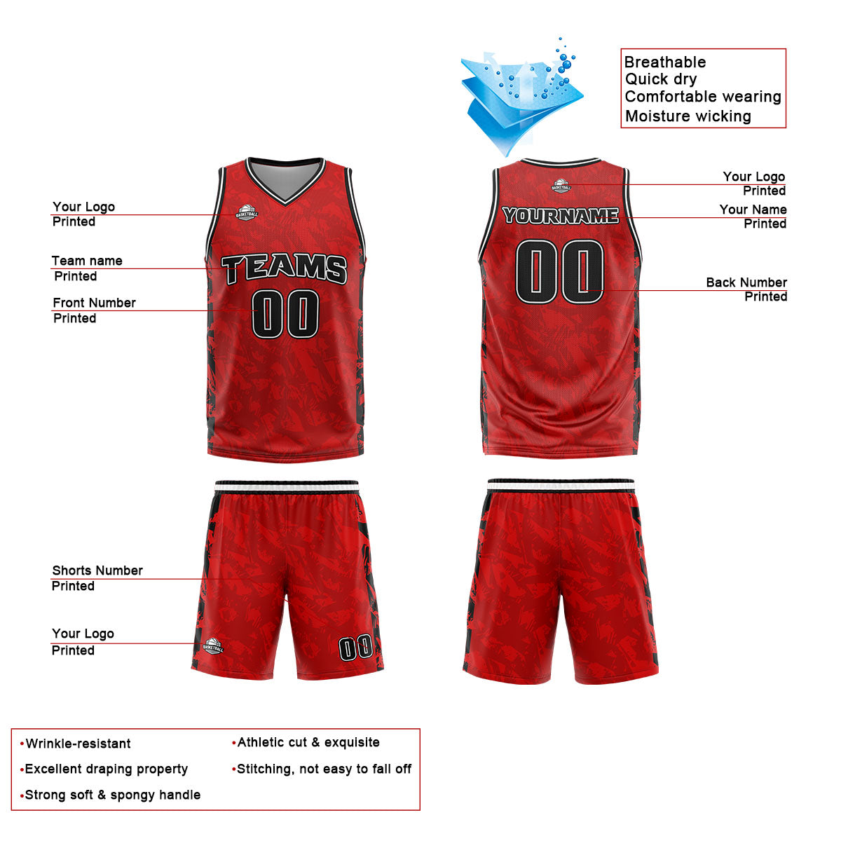 Custom Broken Red Basketball Jersey Uniform Suit Printed Your Logo Name Number