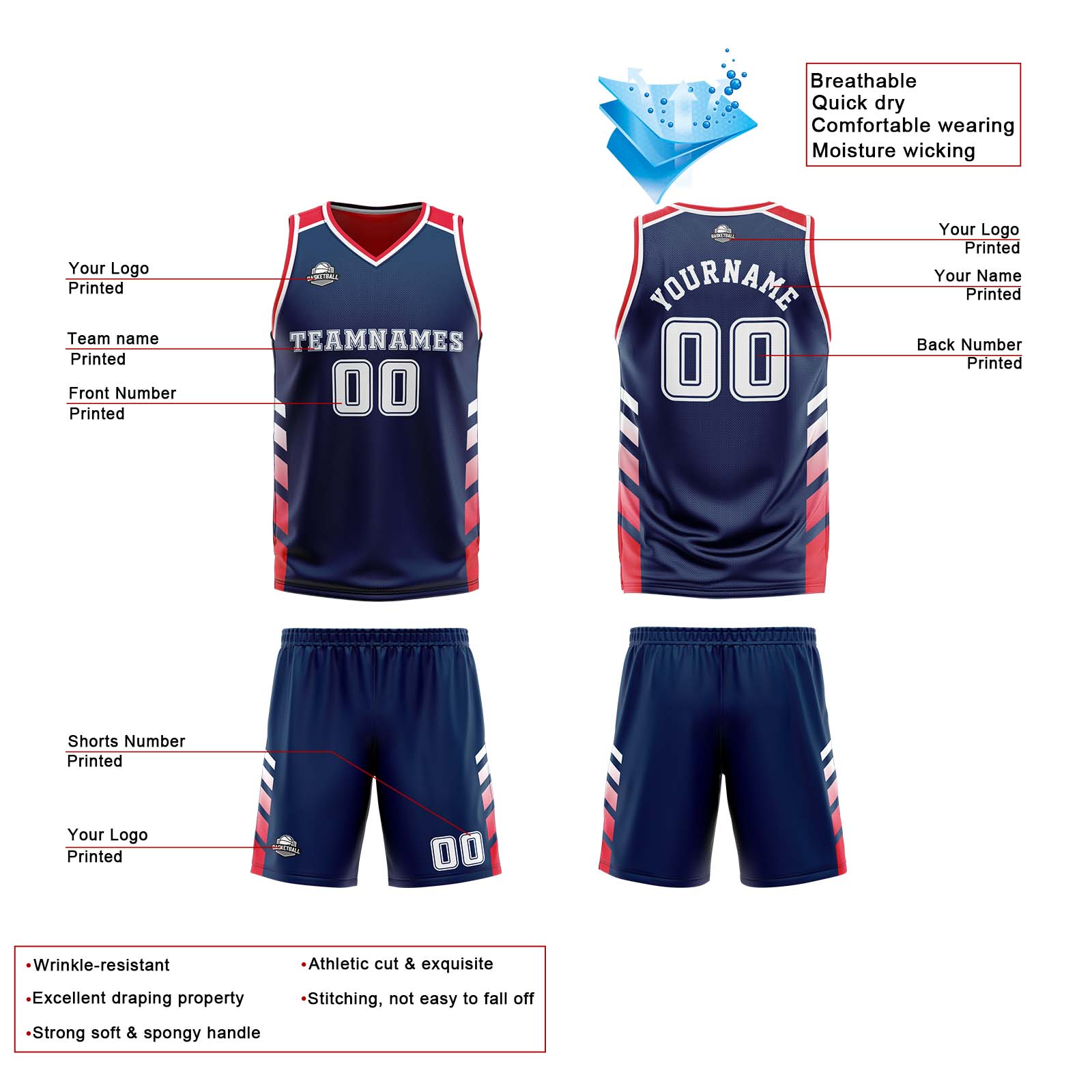 Custom Navy Red White Reversible Basketball Suit for Adults and Kids Personalized Jersey