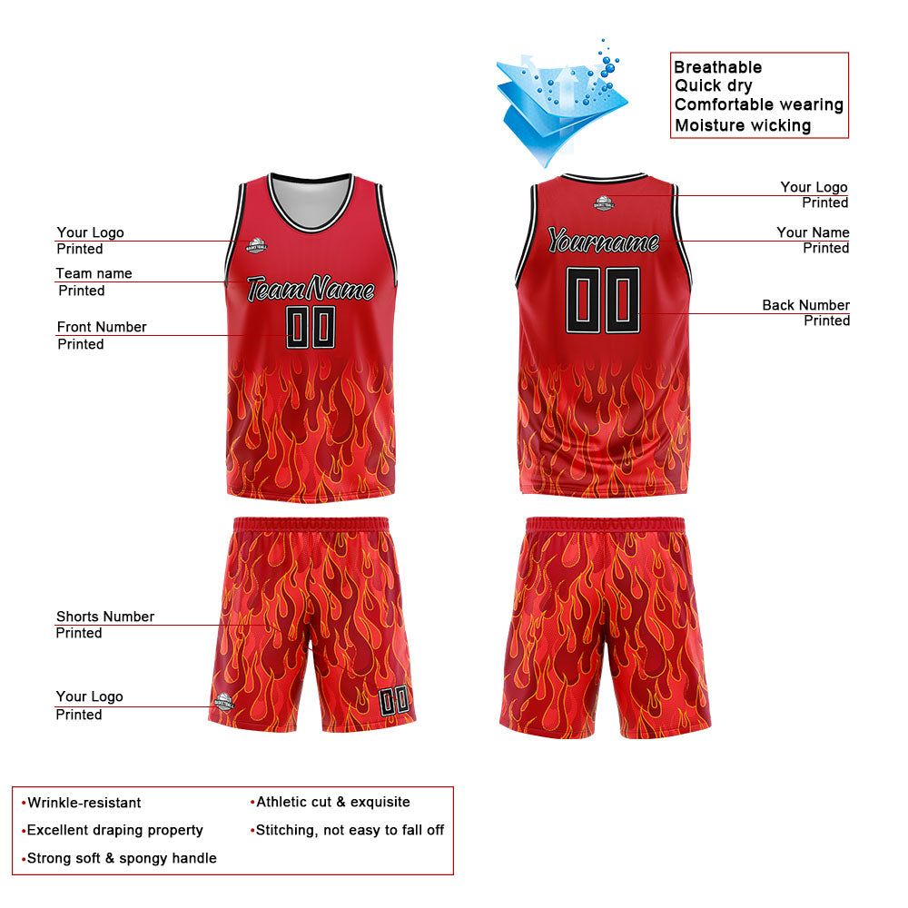 Custom Red flame Basketball Jersey Uniform Suit Printed Your Logo Name Number
