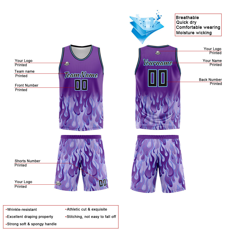 Custom Purple flame Basketball Jersey Uniform Suit Printed Your Logo Name Number