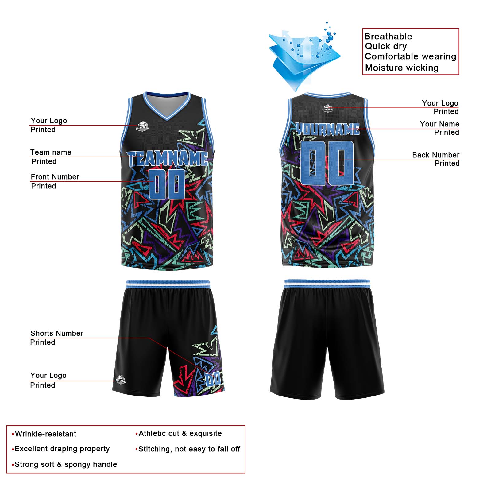 Custom Damaged Geometry Blue Basketball Jersey Uniform Suit Printed Your Logo Name Number