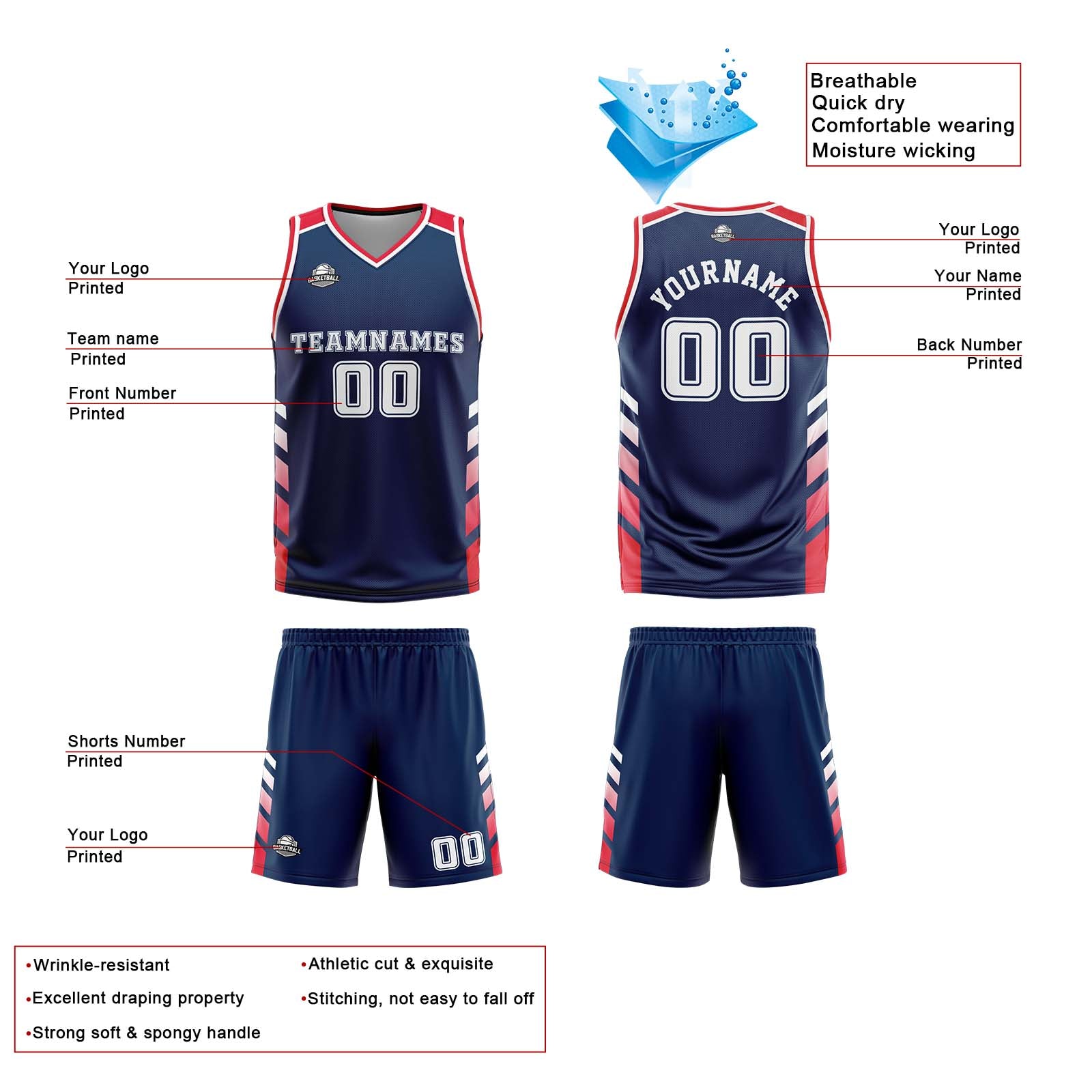 Custom Navy White Red Reversible Basketball Suit for Adults and Kids Personalized Jersey