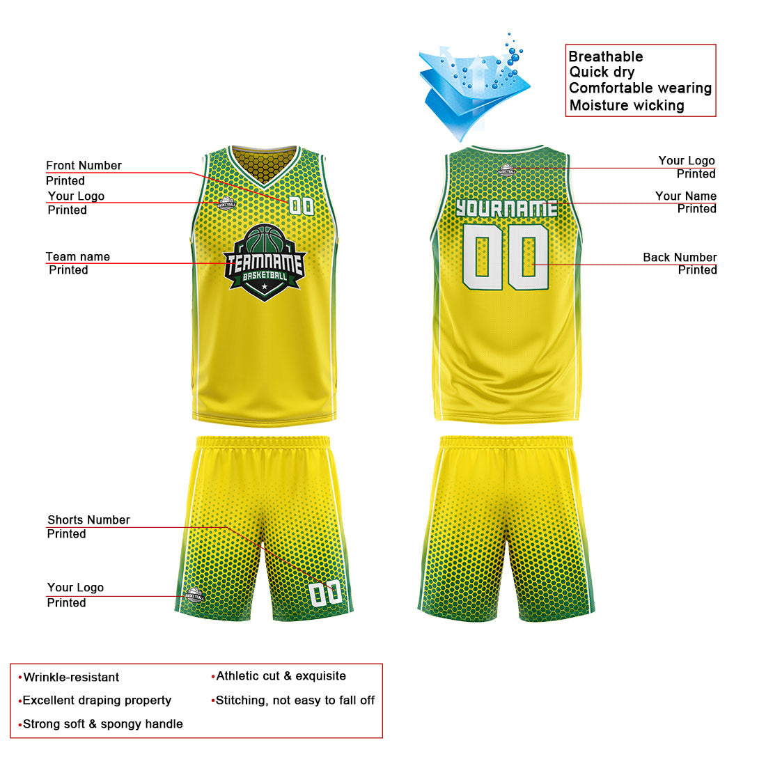 Custom Yellow Green Reversible Basketball Suit for Adults and Kids Personalized Jersey