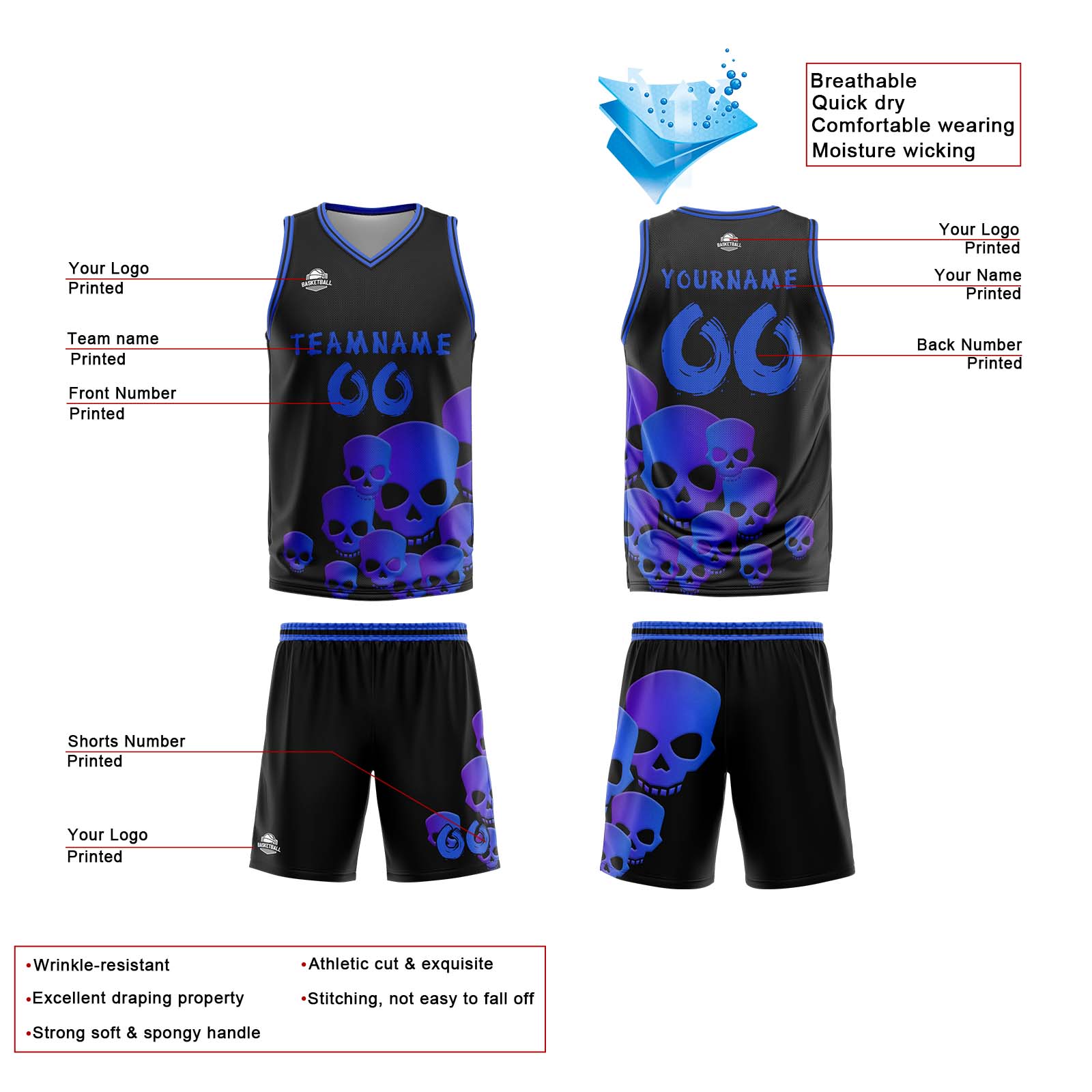 Custom Fluid Blue Basketball Jersey Uniform Suit Printed Your Logo Name Number