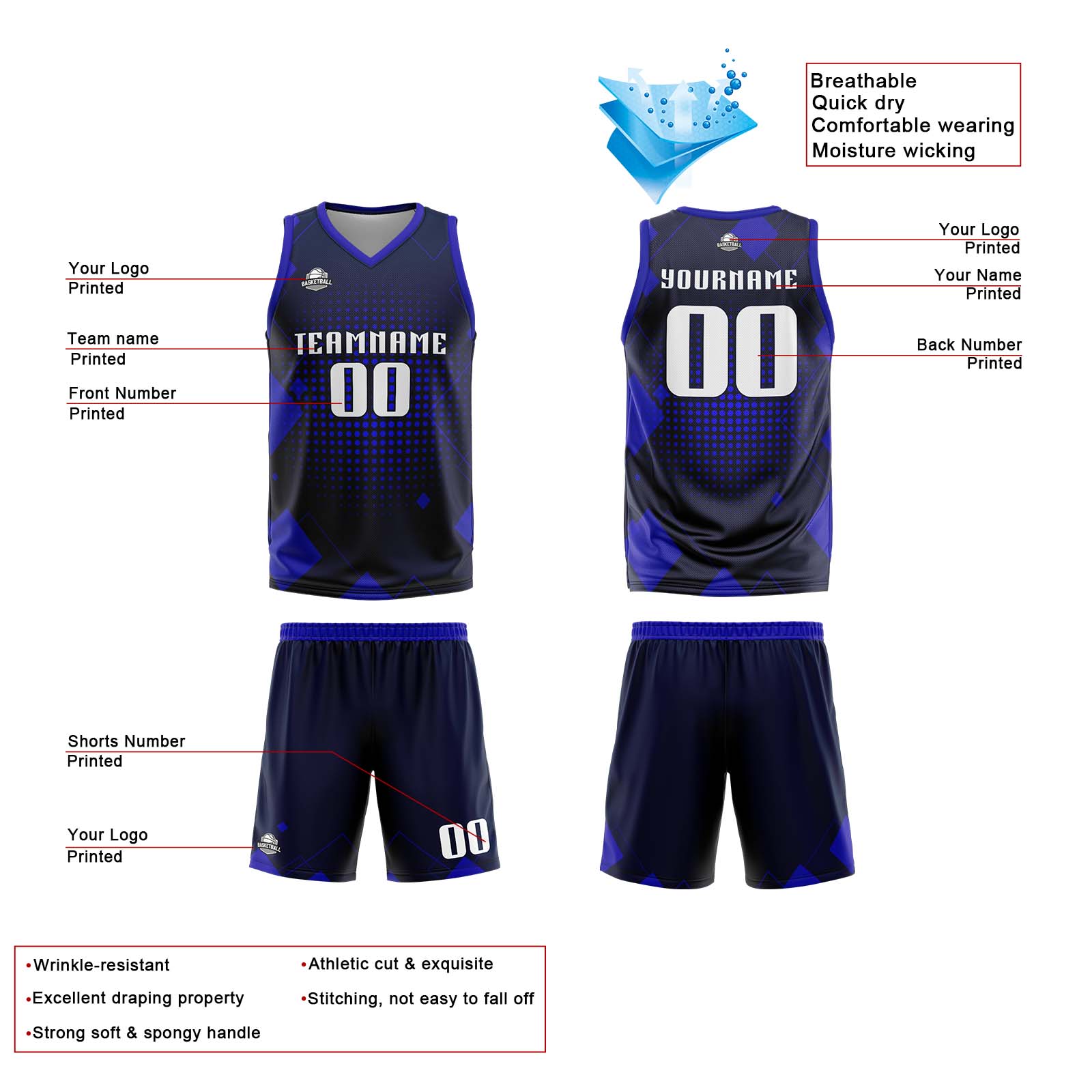 Custom Geometry Royal Basketball Jersey Uniform Suit Printed Your Logo Name Number