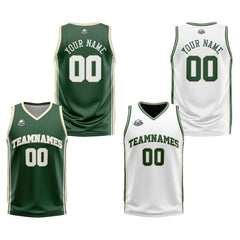 Custom Dark Green White Cream Reversible Basketball Suit for Adults and Kids Personalized Jersey