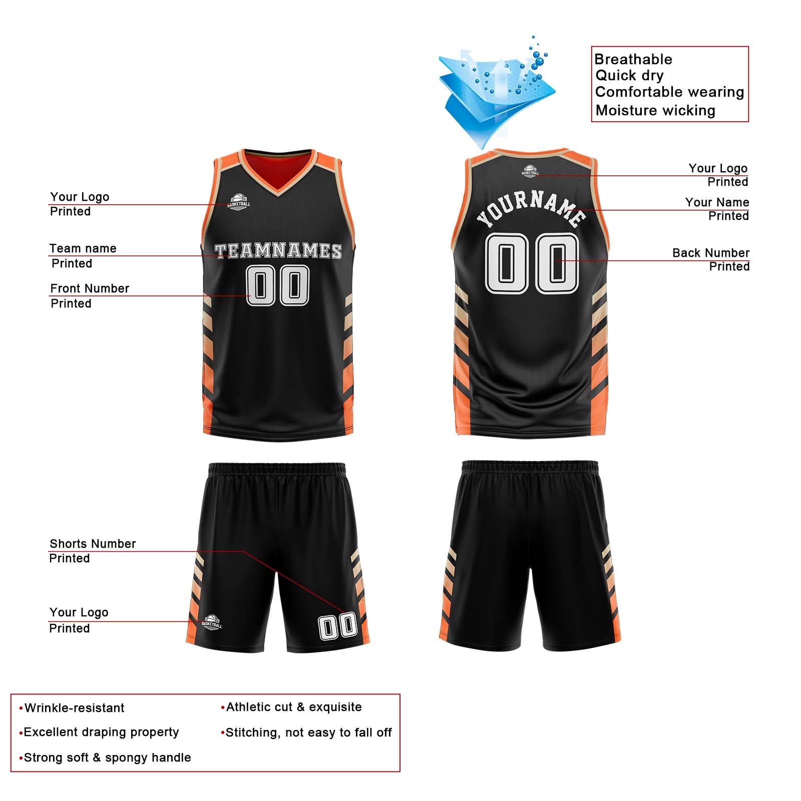 Custom Black Orange Gold Reversible Basketball Suit for Adults and Kids Personalized Jersey