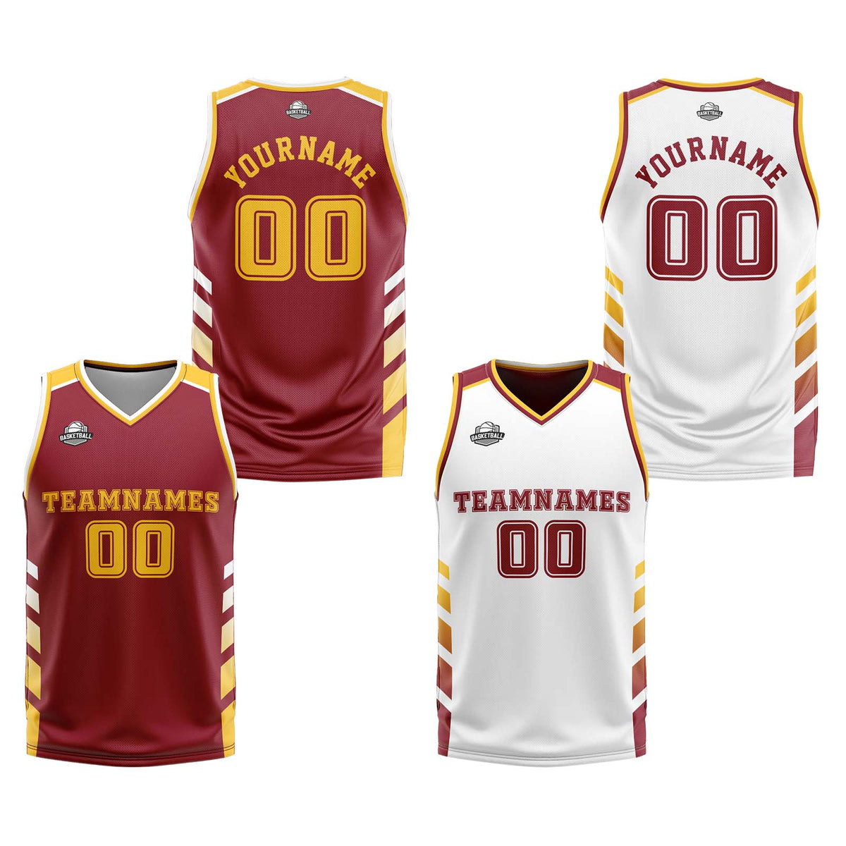 Custom Burgundy White Yellow Reversible Basketball Suit for Adults and Kids Personalized Jersey