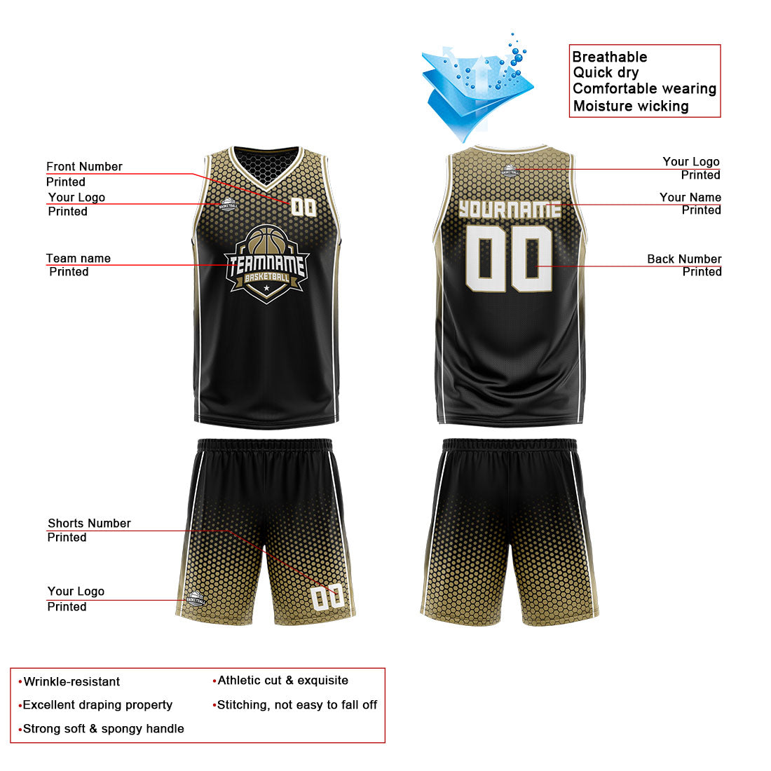 Custom Black Old Gold White Reversible Basketball Suit for Adults and Kids Personalized Jersey