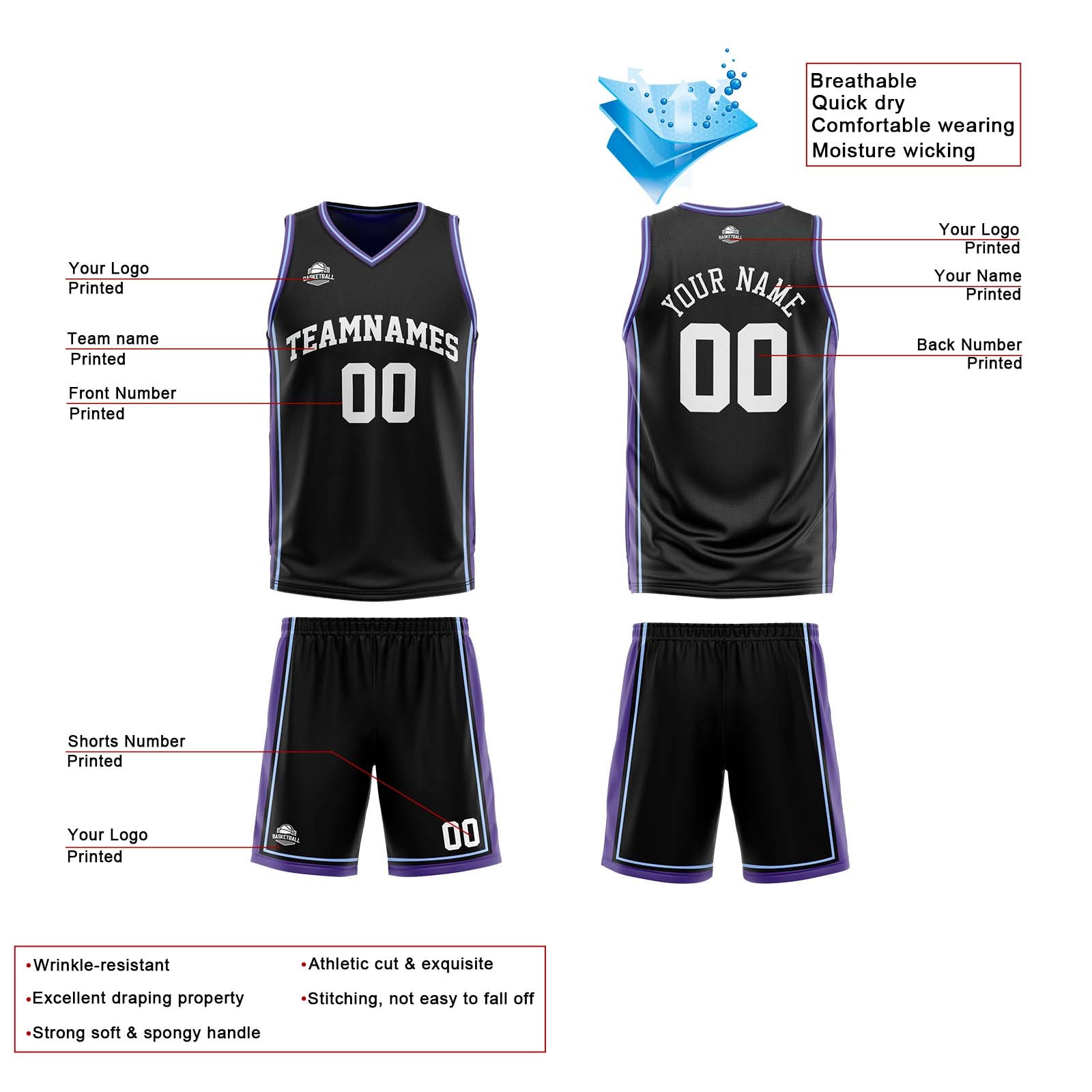 Custom Black Purple White Reversible Basketball Suit for Adults and Kids Personalized Jersey