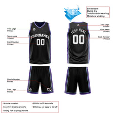 Custom Black Purple White Reversible Basketball Suit for Adults and Kids Personalized Jersey