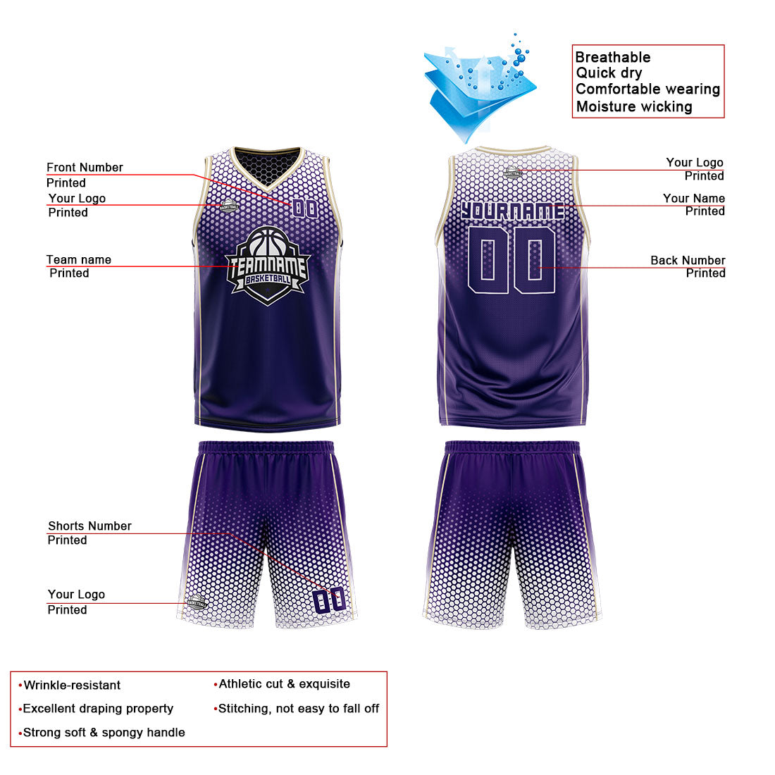 Custom Purple White Reversible Basketball Suit for Adults and Kids Personalized Jersey