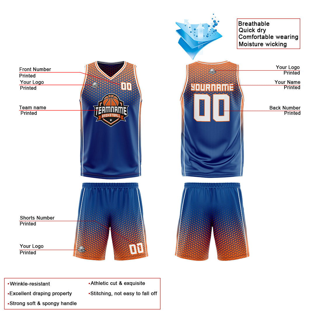 Custom Blue Orange White Reversible Basketball Suit for Adults and Kids Personalized Jersey