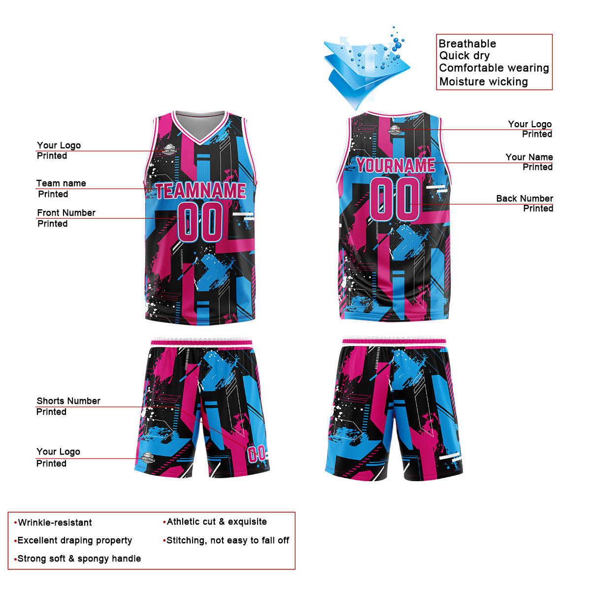 Custom Geometry Pink Light Blue Basketball Jersey Uniform Suit Printed Your Logo Name Number