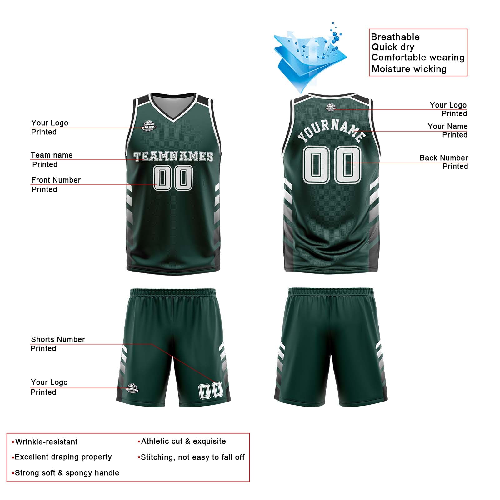 Custom Deep Green White Black Reversible Basketball Suit for Adults and Kids Personalized Jersey