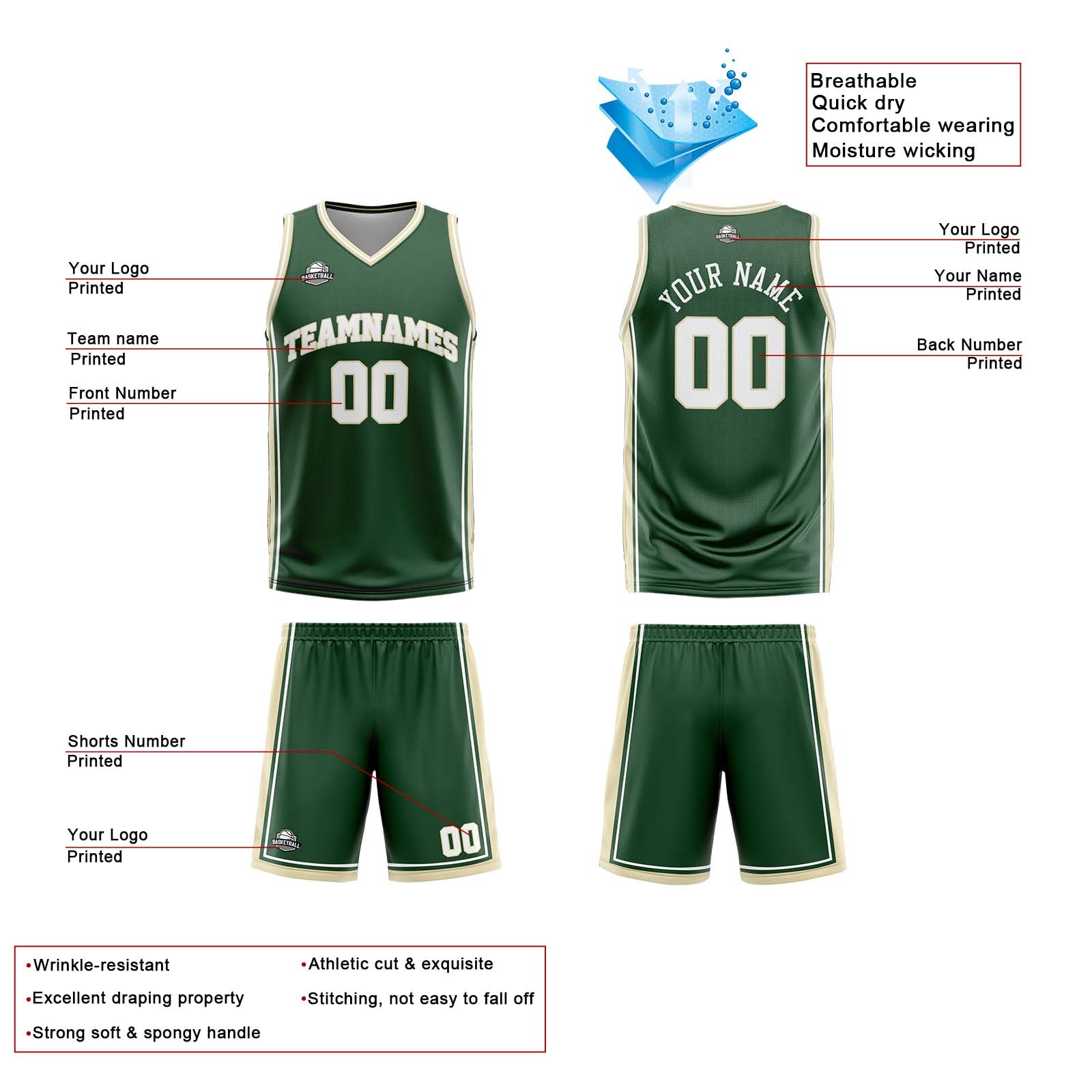 Custom Dark Green White Cream Reversible Basketball Suit for Adults and Kids Personalized Jersey