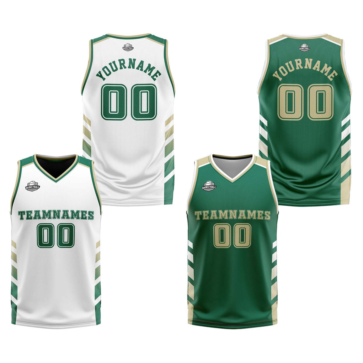 Custom White Hunter Green Beige Reversible Basketball Suit for Adults and Kids Personalized Jersey