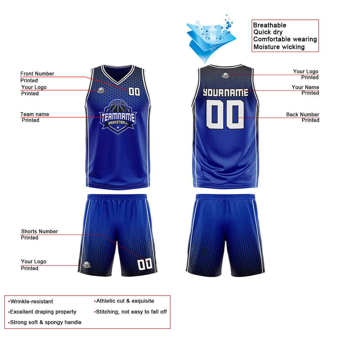 Custom Blue Black White Reversible Basketball Suit for Adults and Kids Personalized Jersey