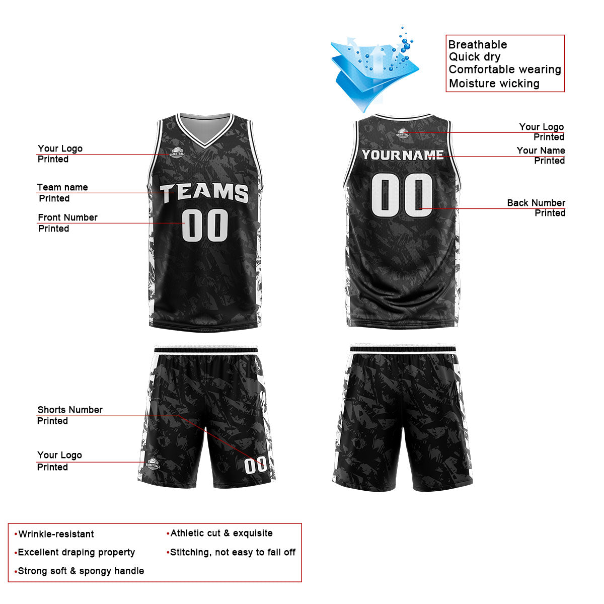 Custom Broken Black Grey Basketball Jersey Uniform Suit Printed Your Logo Name Number