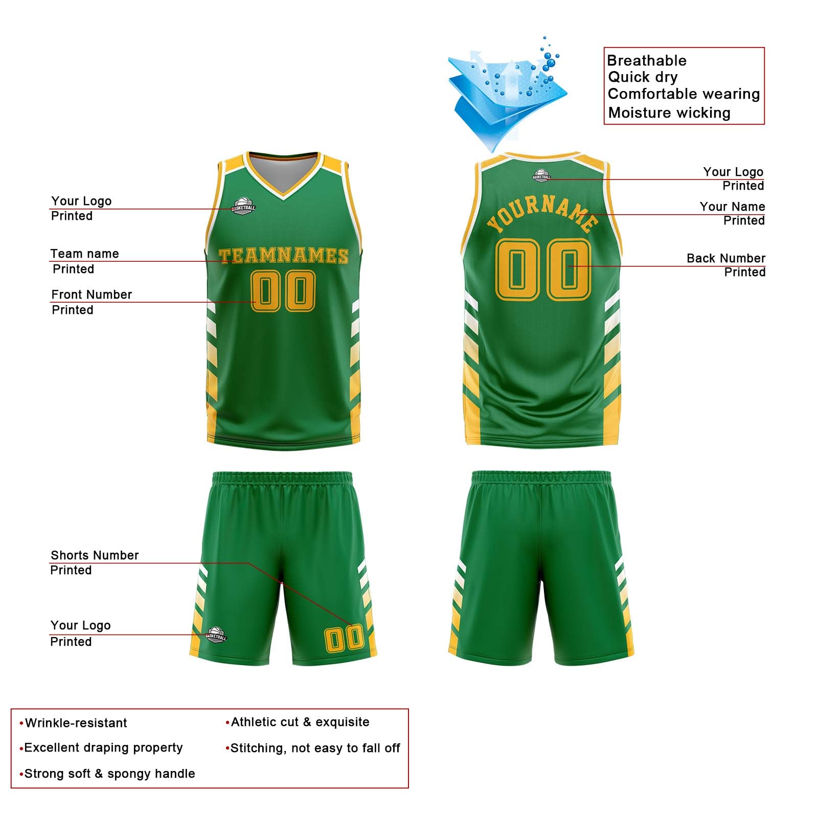 Custom Green White Yellow Reversible Basketball Suit for Adults and Kids Personalized Jersey