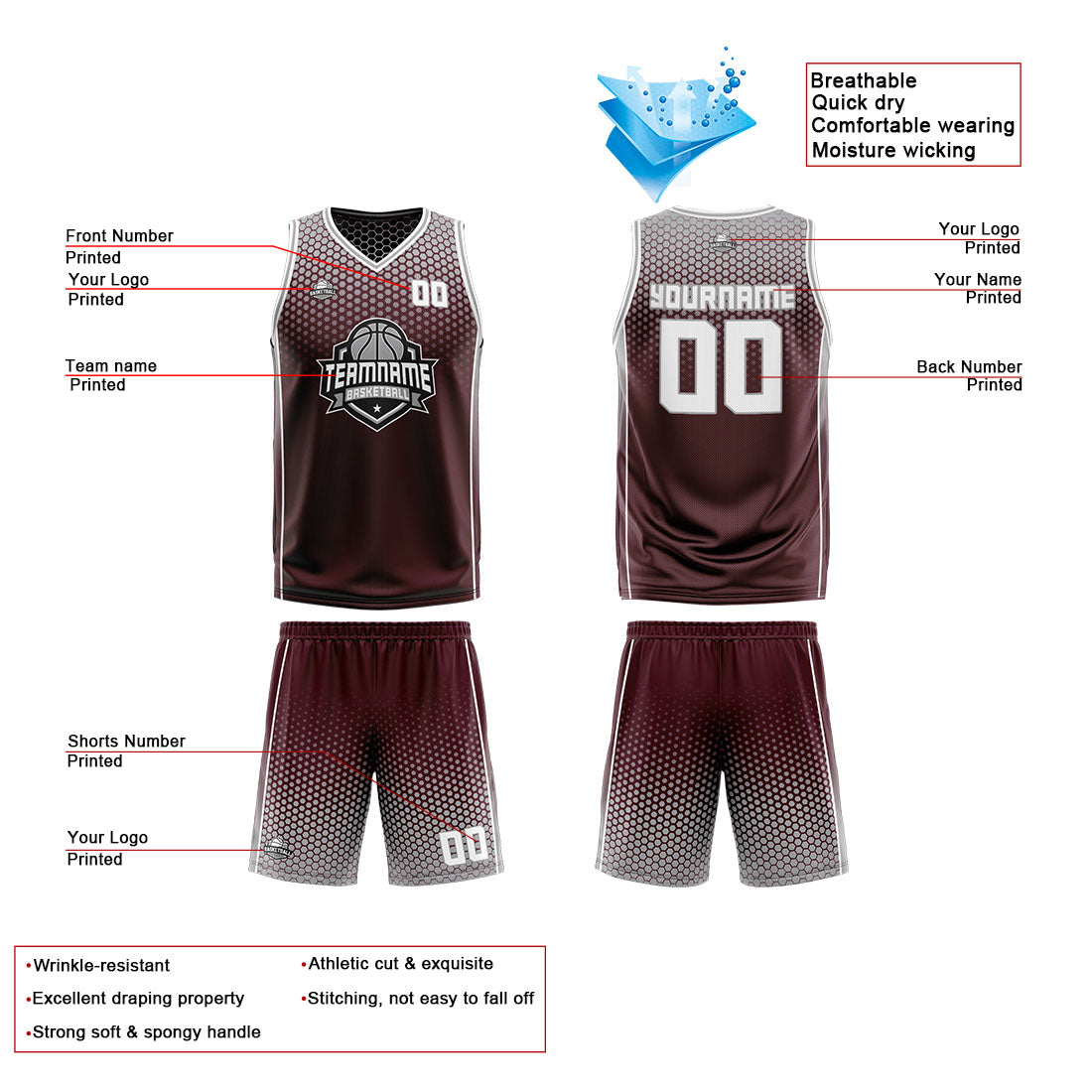 Custom Burgundy Gray White Reversible Basketball Suit for Adults and Kids Personalized Jersey
