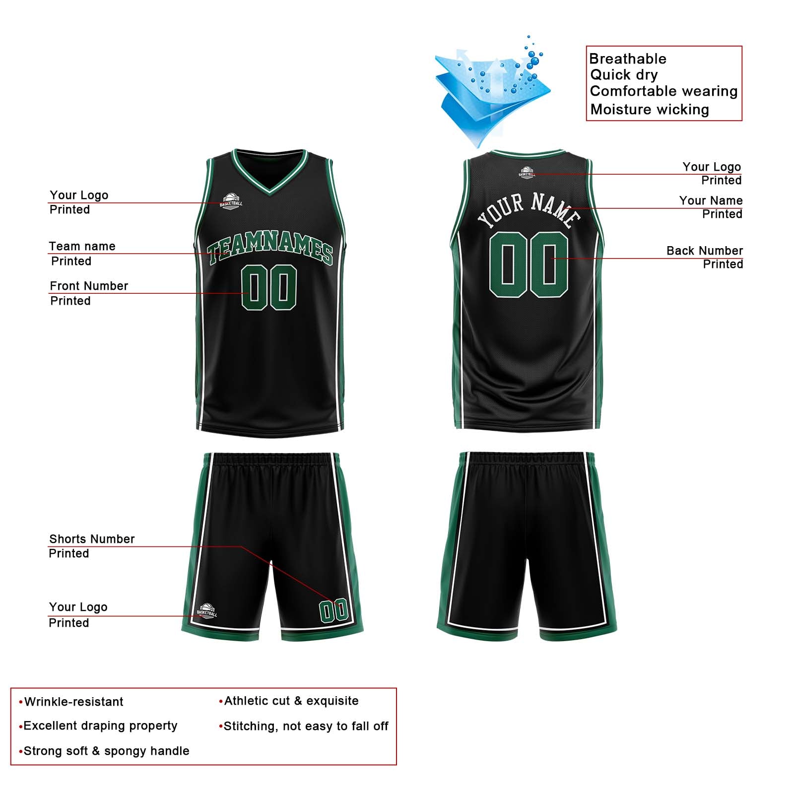 Custom Black Green Reversible Basketball Suit for Adults and Kids Personalized Jersey