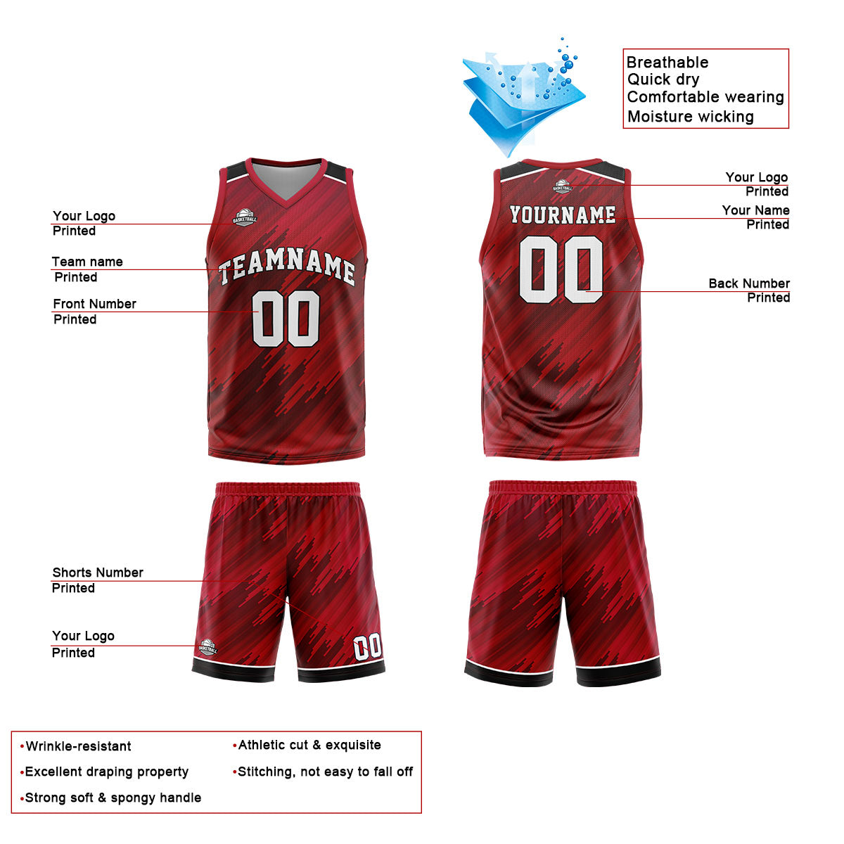 Custom Strip-Type Red Basketball Jersey Uniform Suit Printed Your Logo Name Number