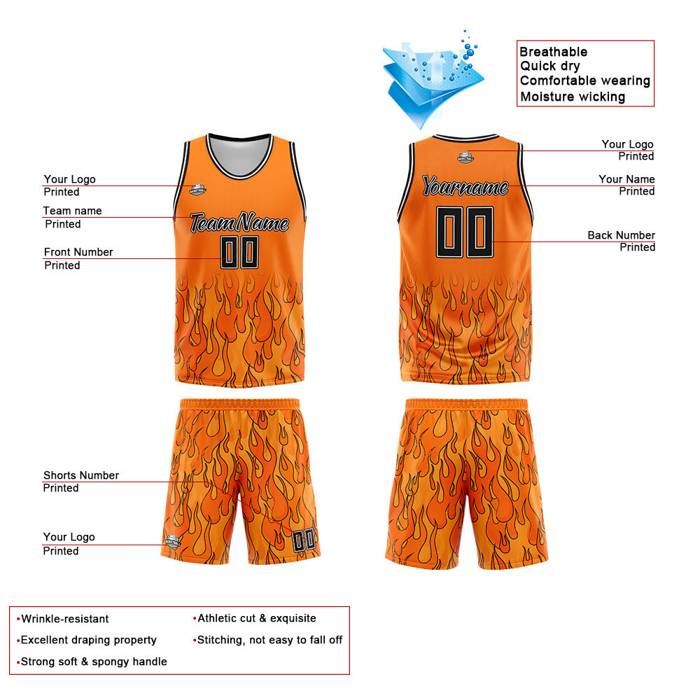Custom Orange flame Basketball Jersey Uniform Suit Printed Your Logo Name Number
