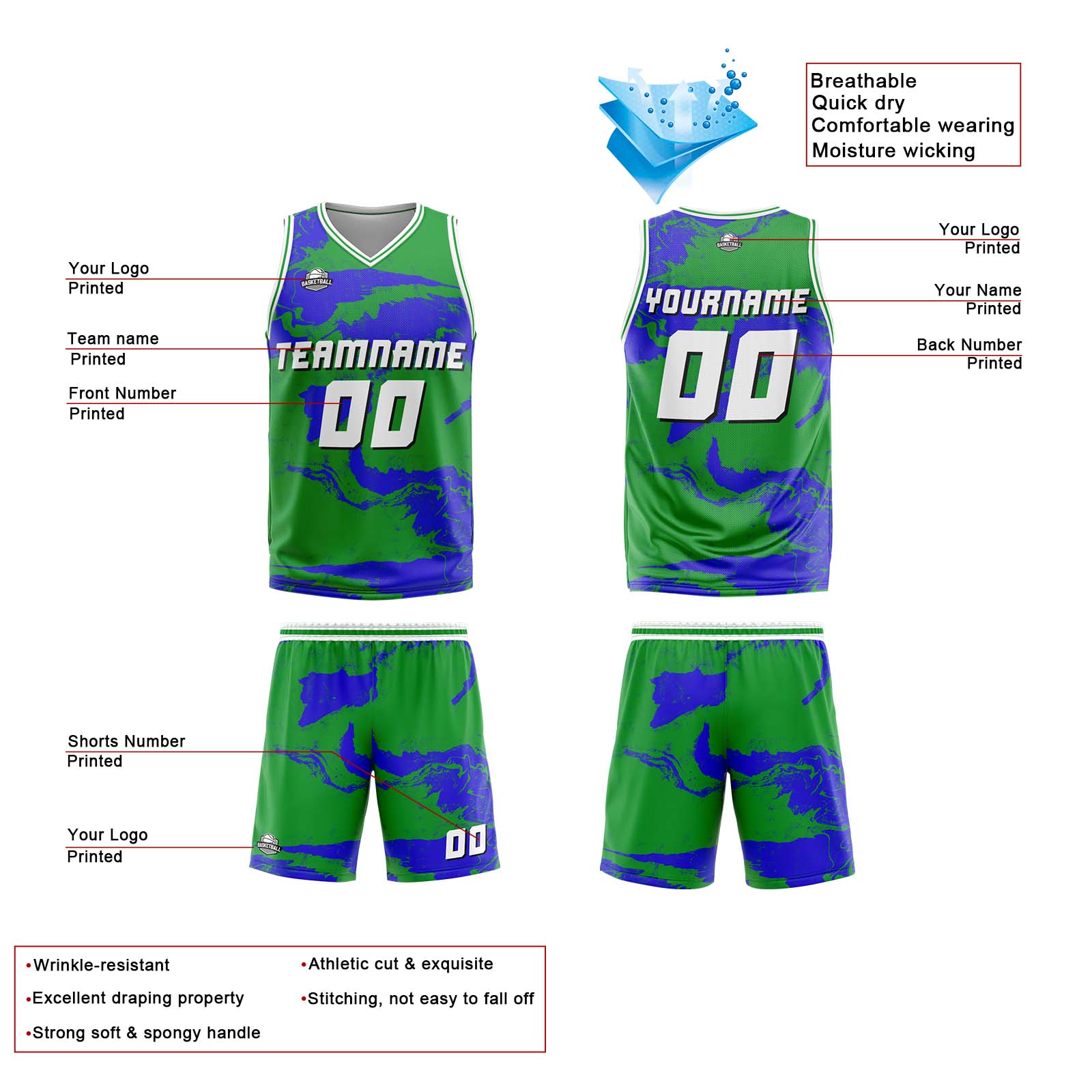 Custom Green Blue Basketball Jersey Uniform Suit Printed Your Logo Name Number