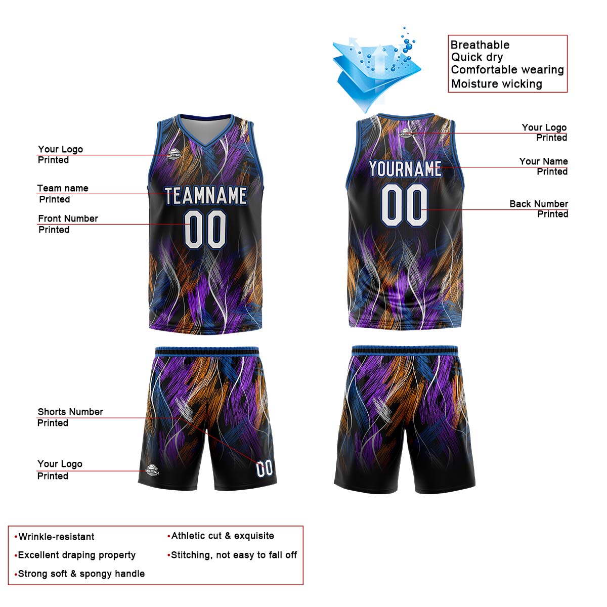 Custom Line Black Blue Basketball Jersey Uniform Suit Printed Your Logo Name Number