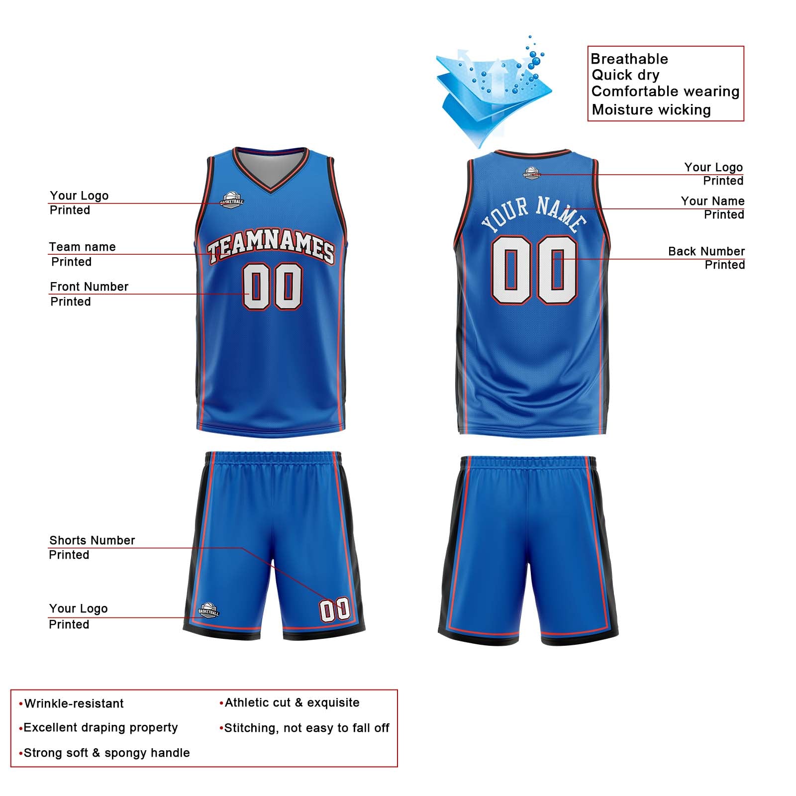 Custom Blue White Orange Reversible Basketball Suit for Adults and Kids Personalized Jersey