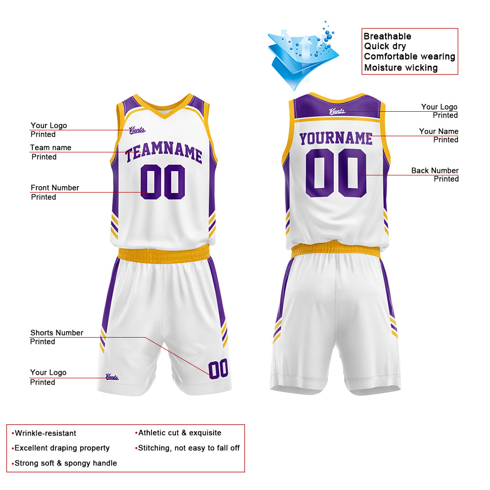 Custom White Purple Yellow Basketball Jersey Uniform Suit Printed Your Logo Name Number