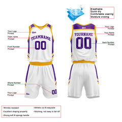 Custom White Purple Yellow Basketball Jersey Uniform Suit Printed Your Logo Name Number