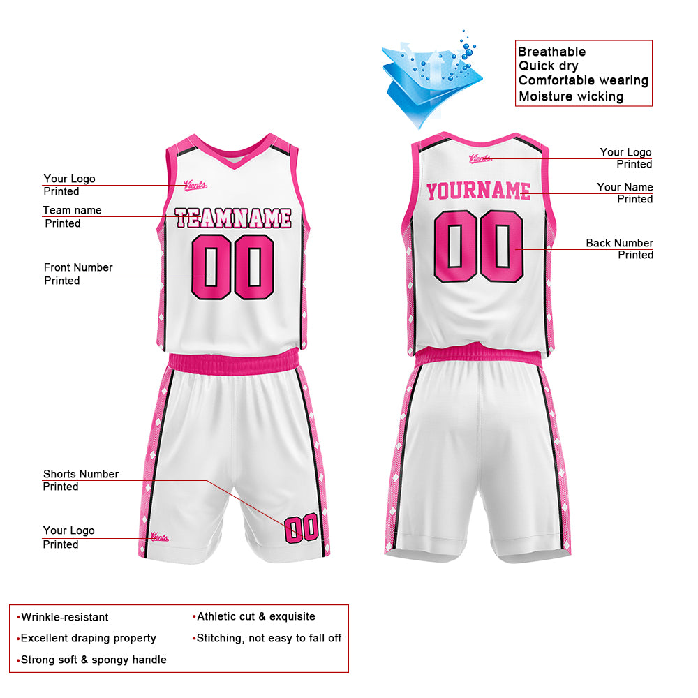 Custom White Pink Basketball Jersey Uniform Suit Printed Your Logo Name Number