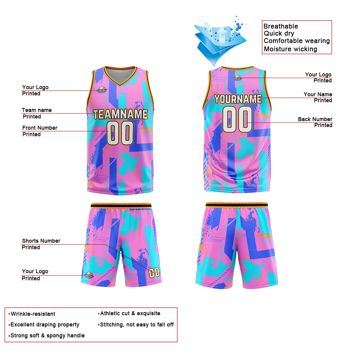 Custom Geometry Pink Blue Basketball Jersey Uniform Suit Printed Your Logo Name Number