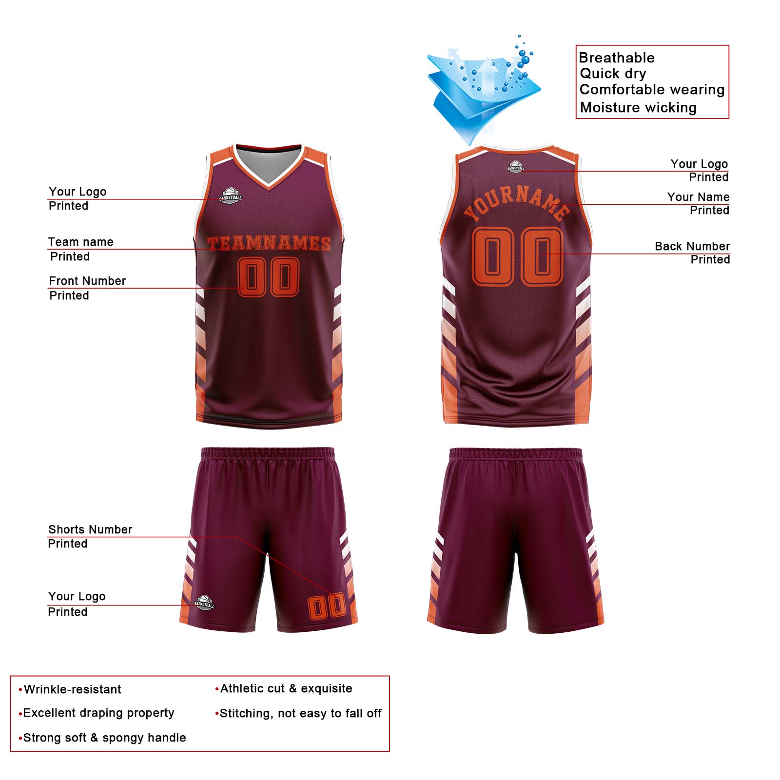 Custom Burgundy White Orange Reversible Basketball Suit for Adults and Kids Personalized Jersey