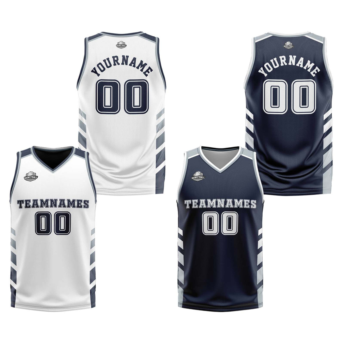 Custom White Navy Grey Reversible Basketball Suit for Adults and Kids Personalized Jersey