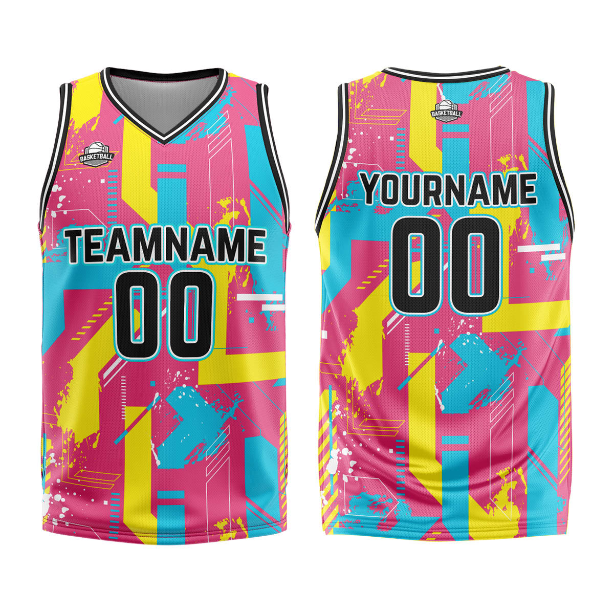 Custom Geometry Pink Yellow Basketball Jersey Uniform Suit Printed Your Logo Name Number