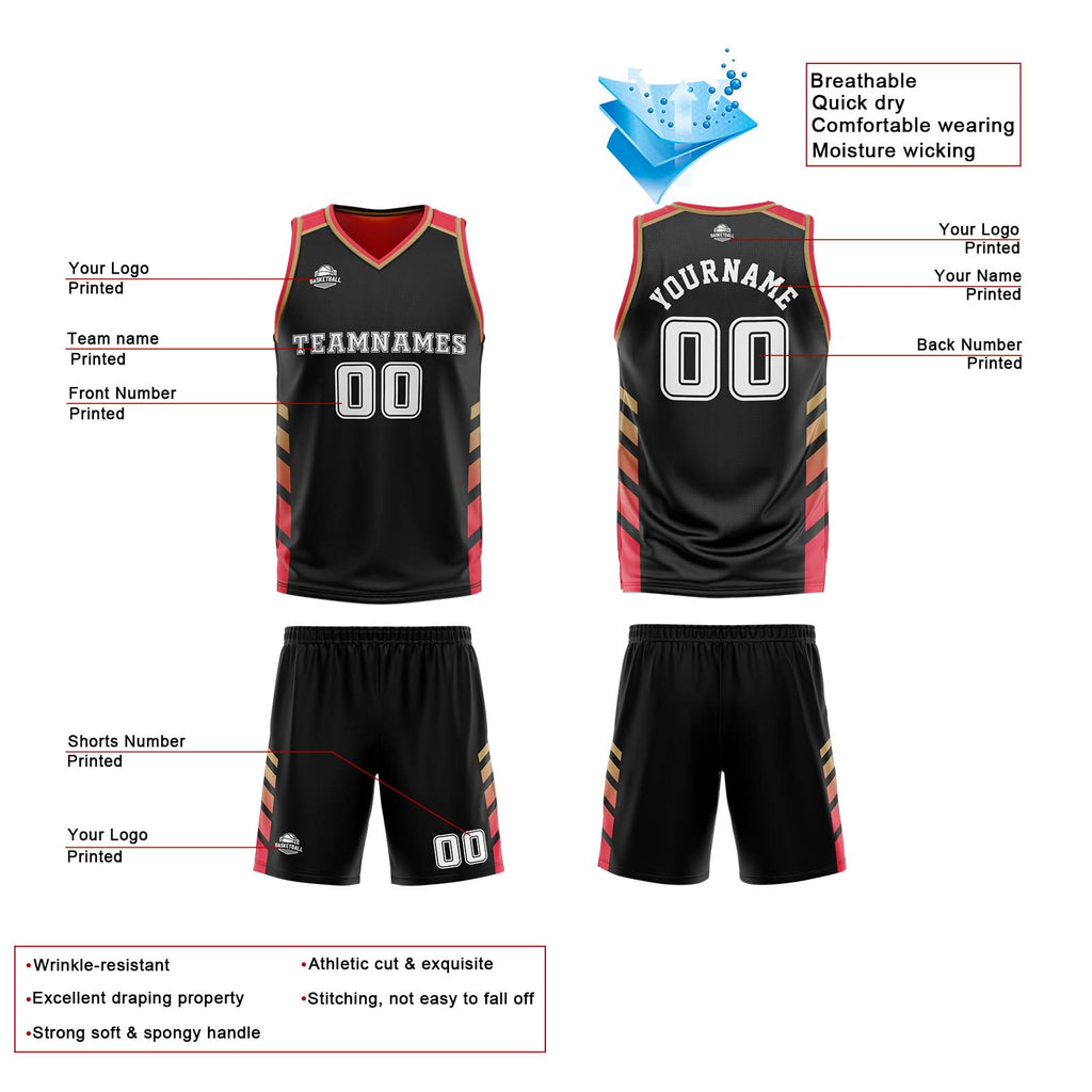 Custom Black Red Gold Reversible Basketball Suit for Adults and Kids Personalized Jersey