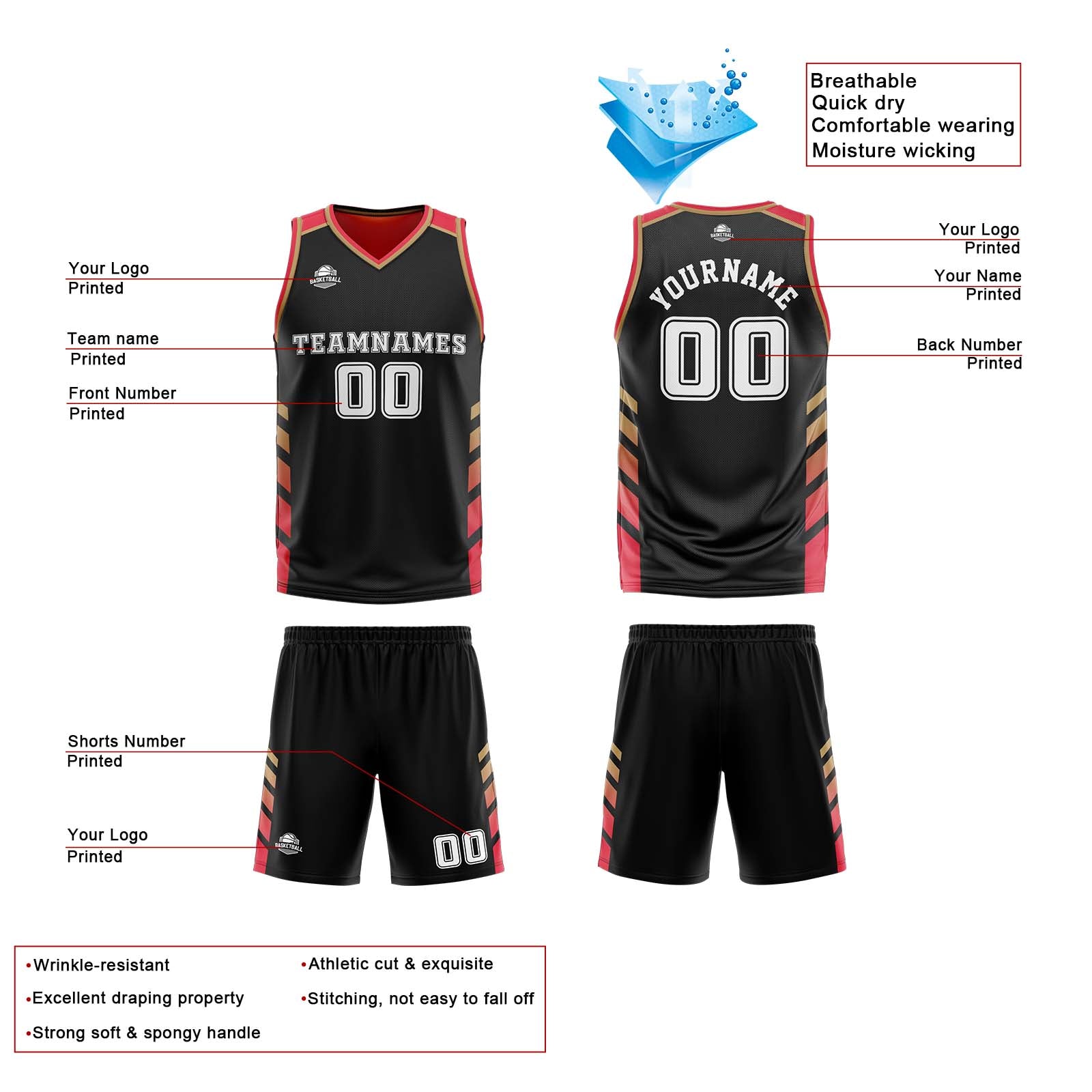 Custom Black Red Gold Reversible Basketball Suit for Adults and Kids Personalized Jersey