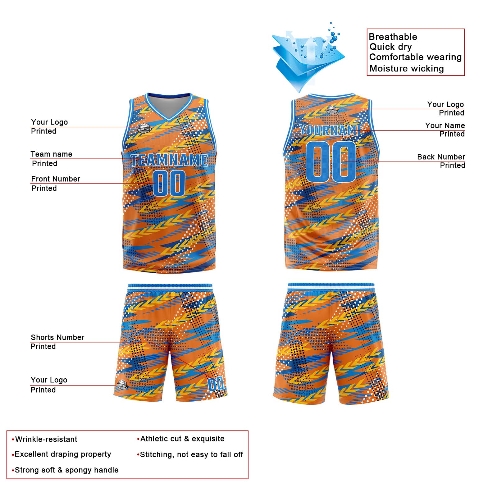 Custom Orange Blue Basketball Jersey Uniform Suit Printed Your Logo Name Number