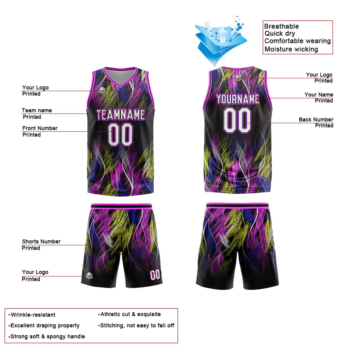 Custom Line Black Pink Basketball Jersey Uniform Suit Printed Your Logo Name Number
