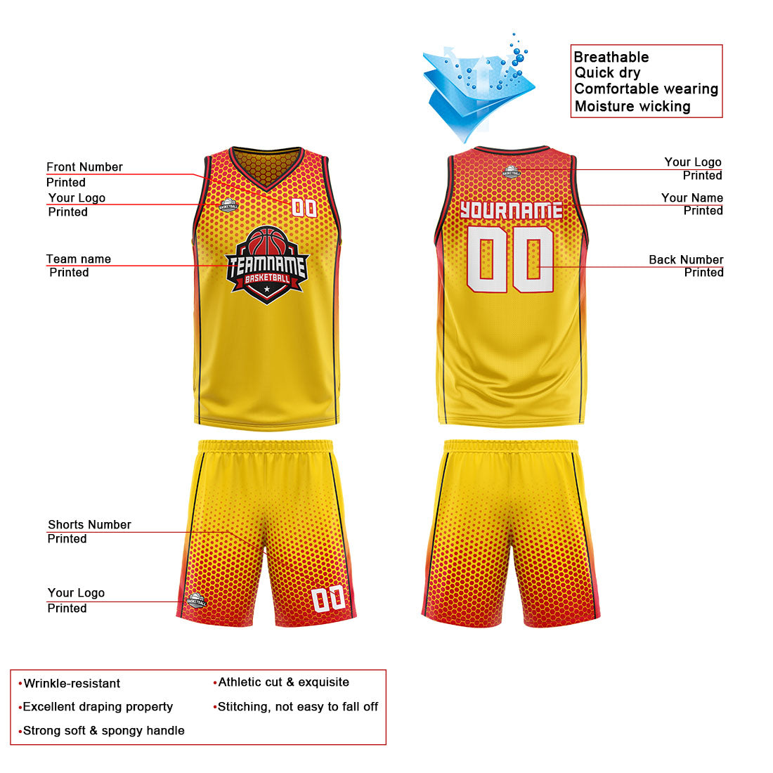 Custom Yellow Red Black Reversible Basketball Suit for Adults and Kids Personalized Jersey