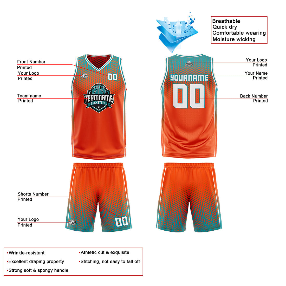 Custom Orange Cyan White Reversible Basketball Suit for Adults and Kids Personalized Jersey