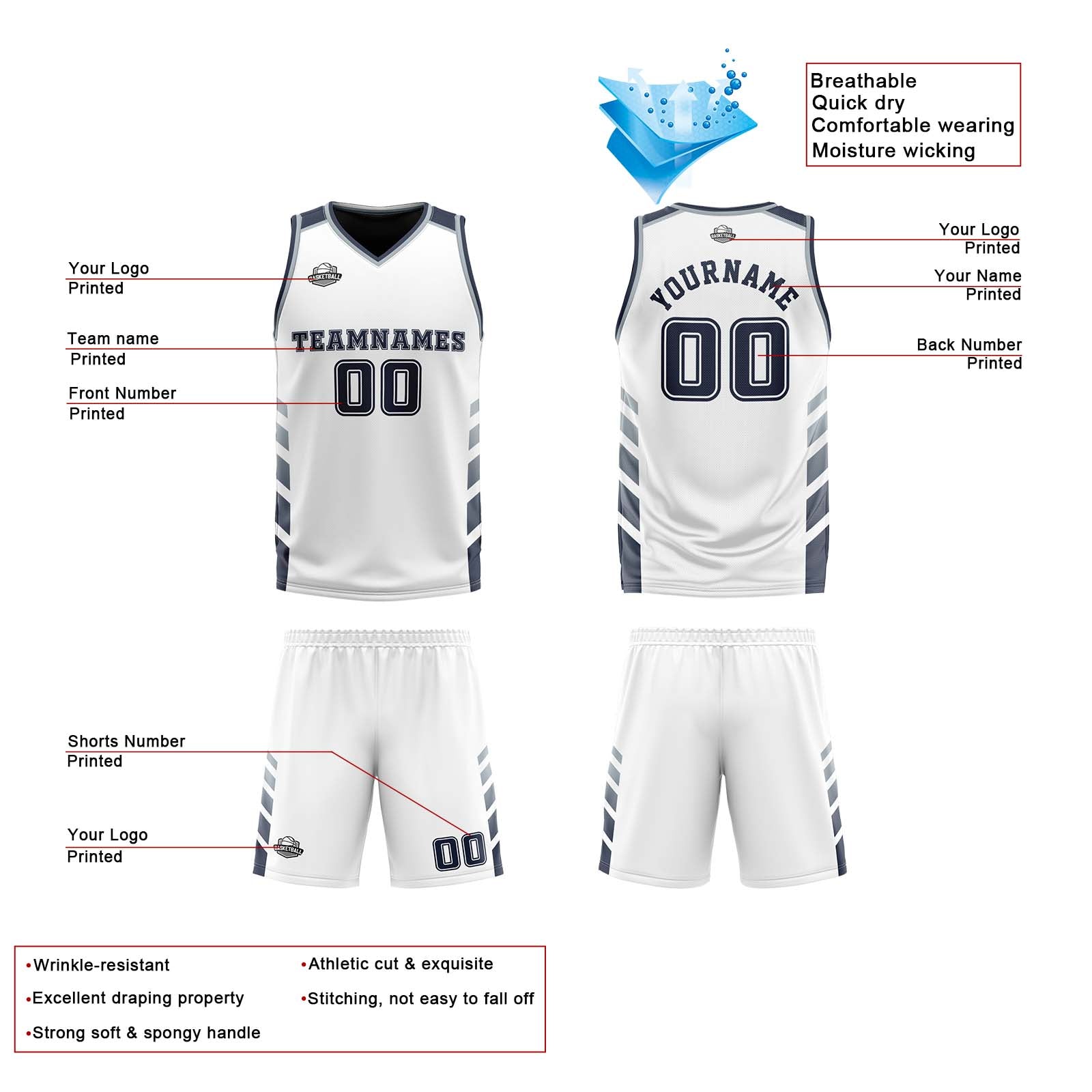 Custom White Navy Grey Reversible Basketball Suit for Adults and Kids Personalized Jersey