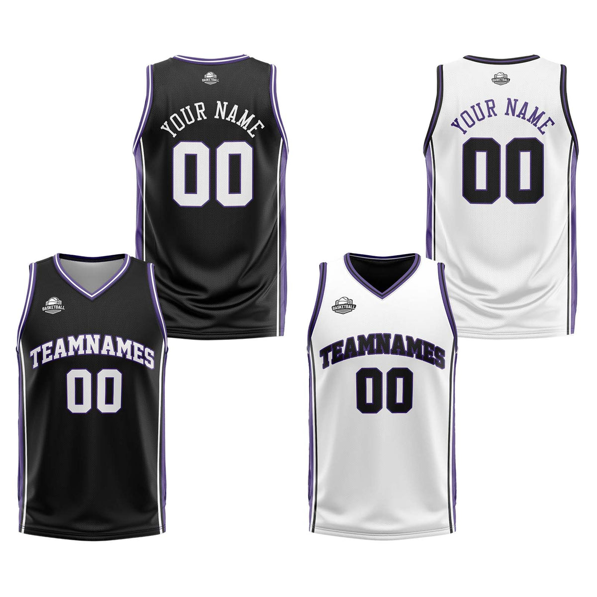 Custom Black White Purple Reversible Basketball Suit for Adults and Kids Personalized Jersey